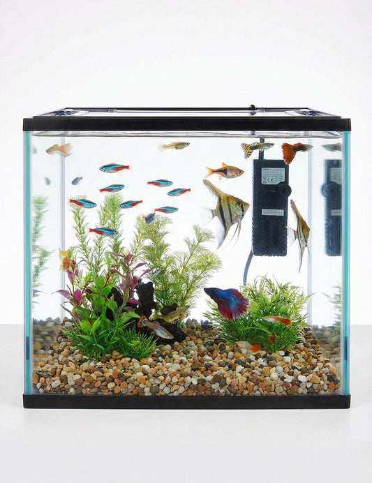 Fish tank with colorful fish and plants on a white background