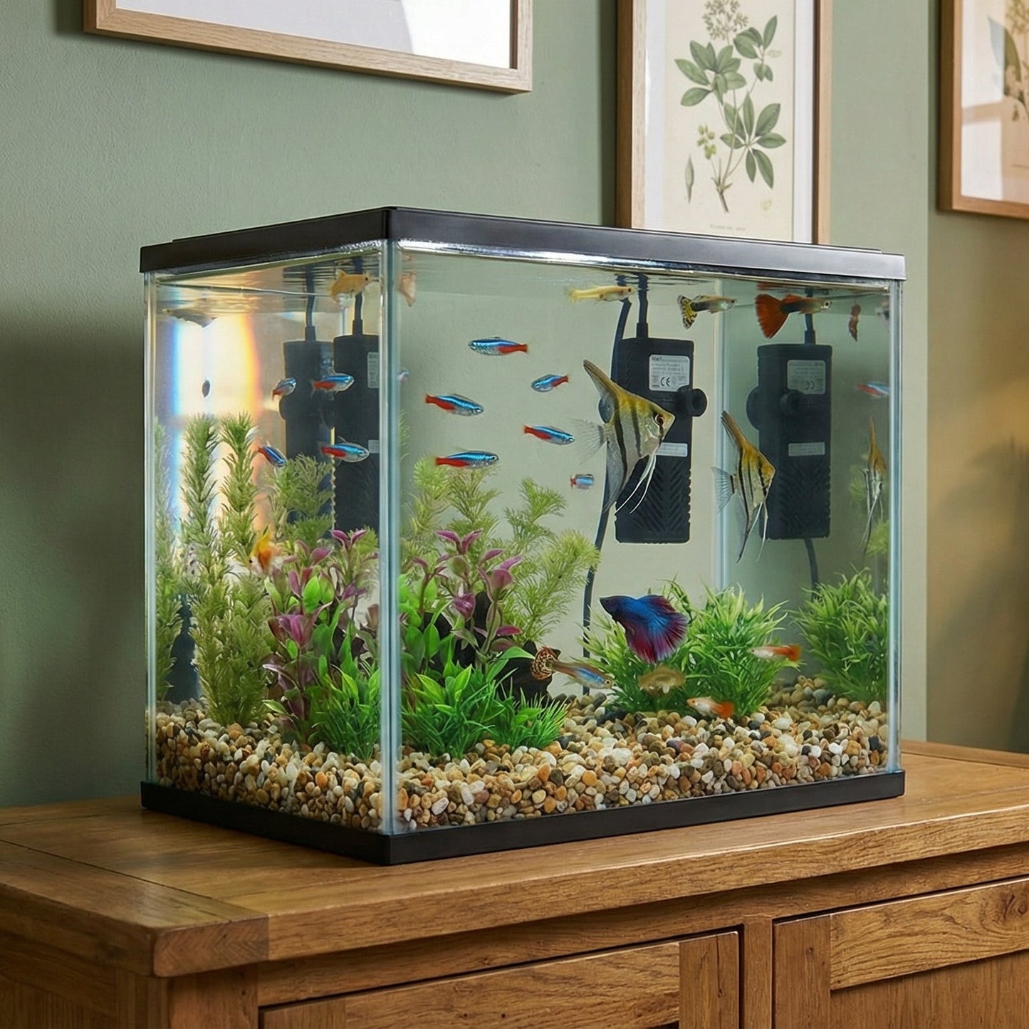 Fish tank on a wooden cabinet with framed pictures and a lamp in the background