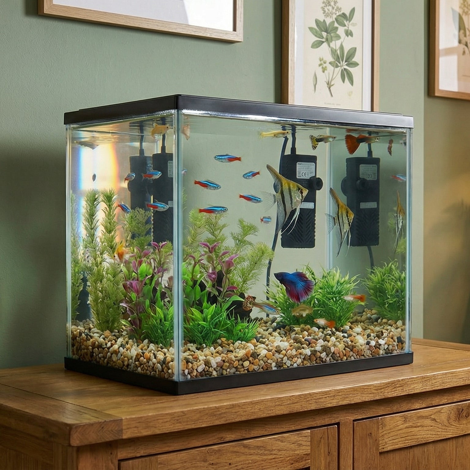 Fish tank on a wooden cabinet with framed pictures and a lamp in the background