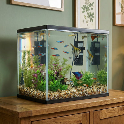 Fish tank on a wooden cabinet with framed pictures and a lamp in the background