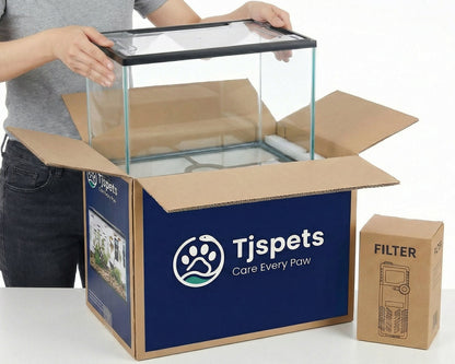 Person unpacking a glass pet tank from a Tjspets branded box on a white background