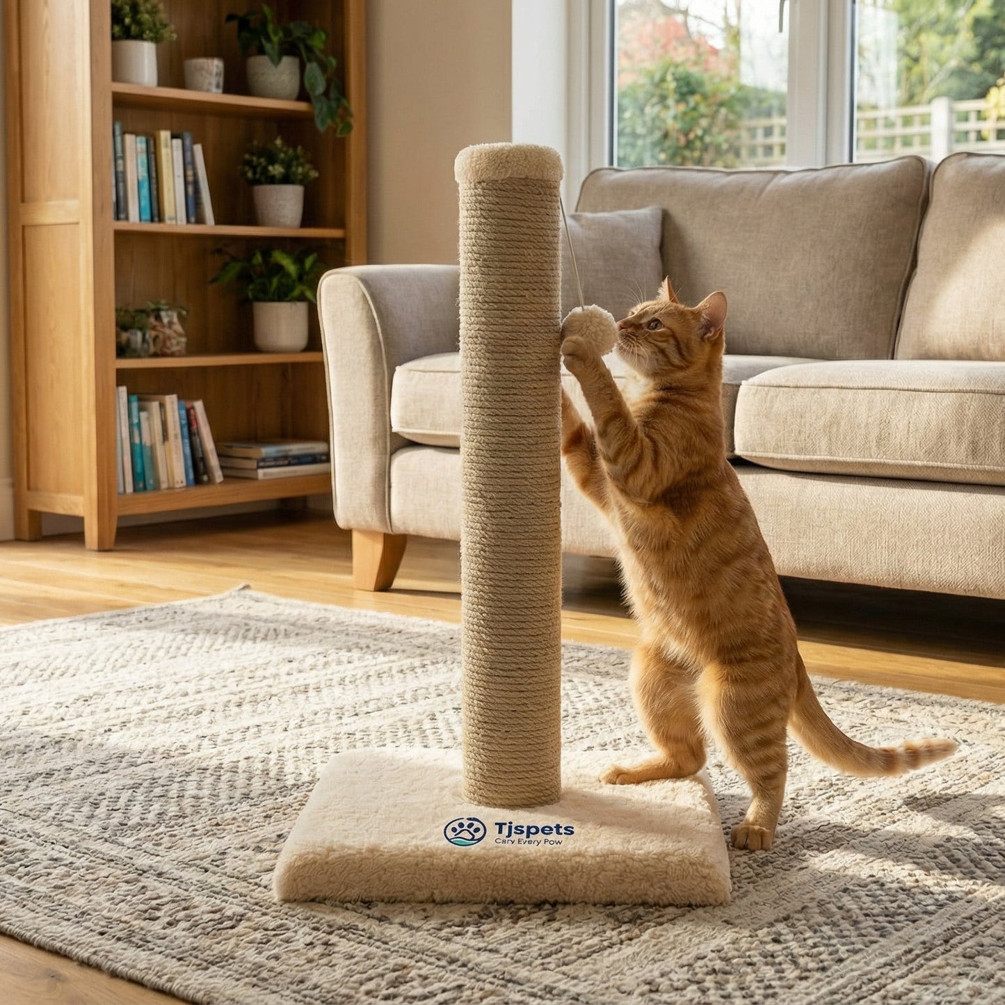 Cat playing with a scratching post in a living room