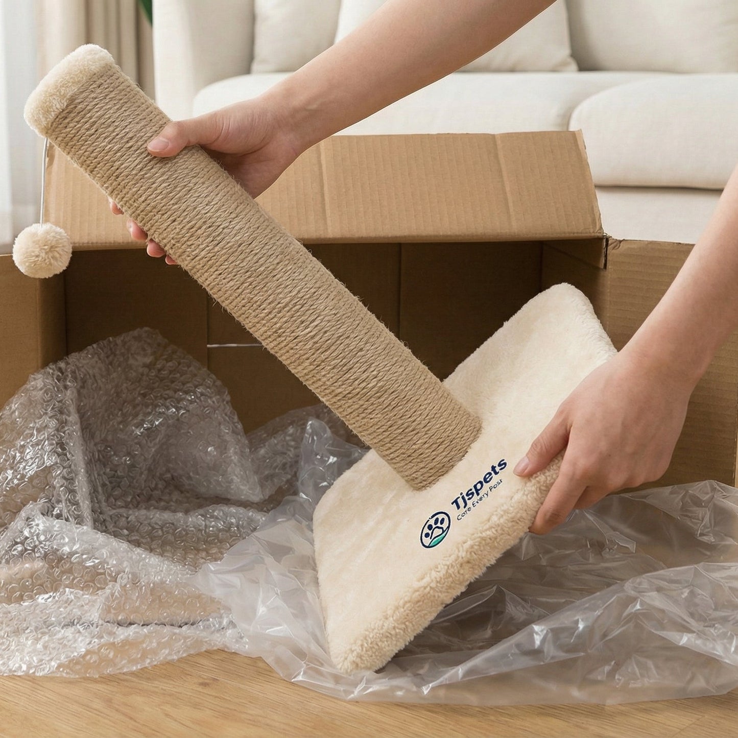 Person unboxing a cat scratcher from a cardboard box on a wooden floor.