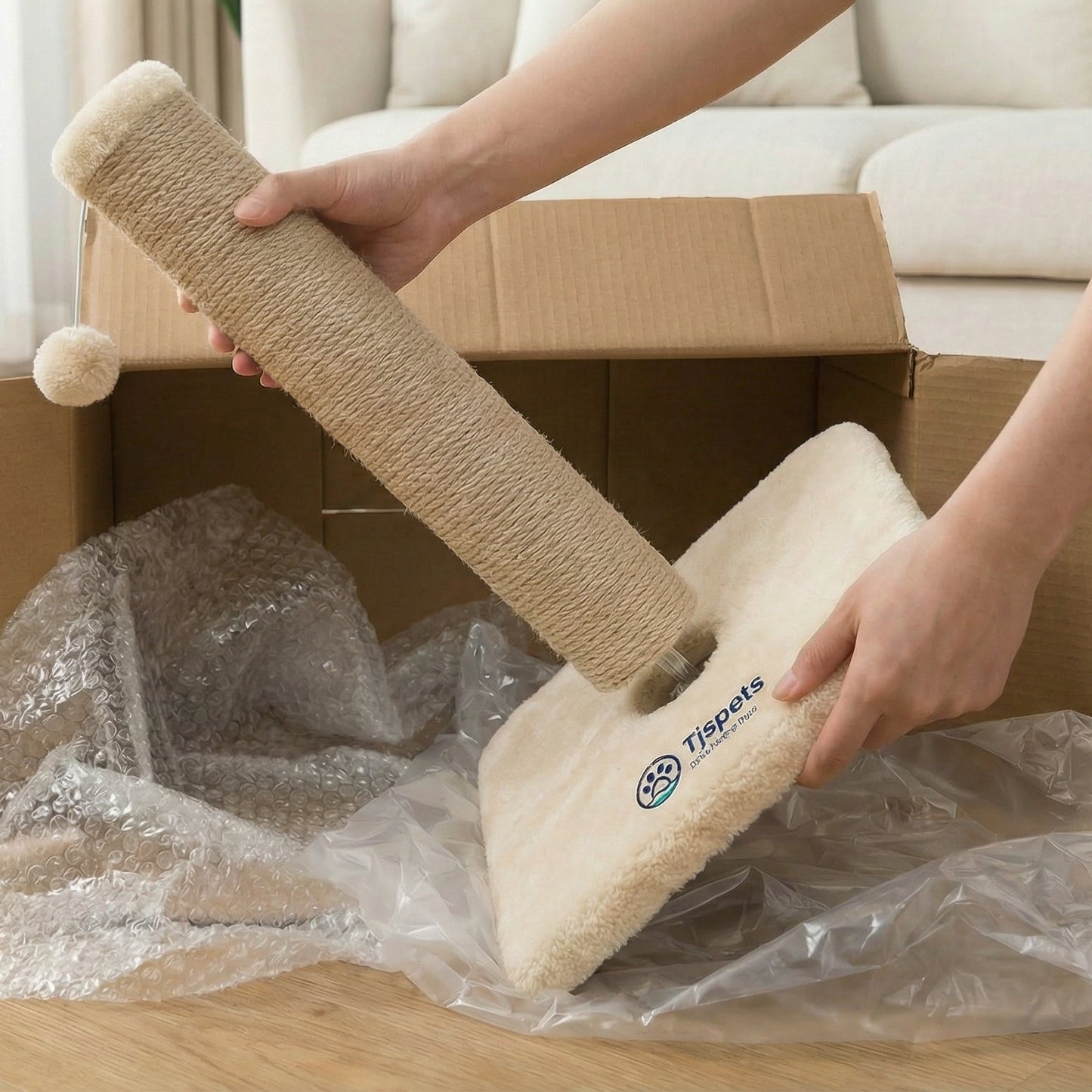 Person unboxing a cardboard box containing a cat scratcher with a visible brand logo.