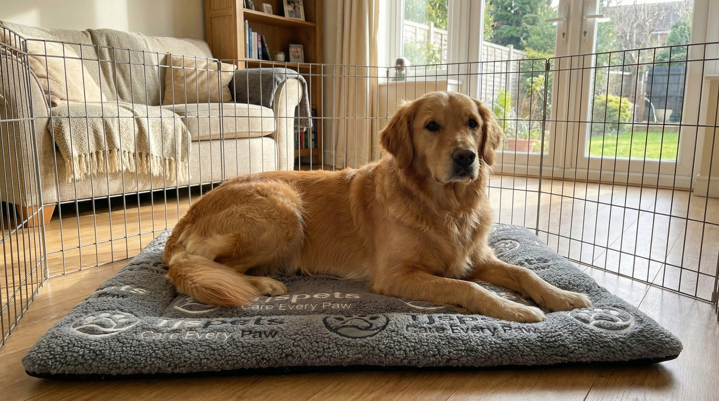 Dog lying on a mat in a home setting with a couch and windows in the background