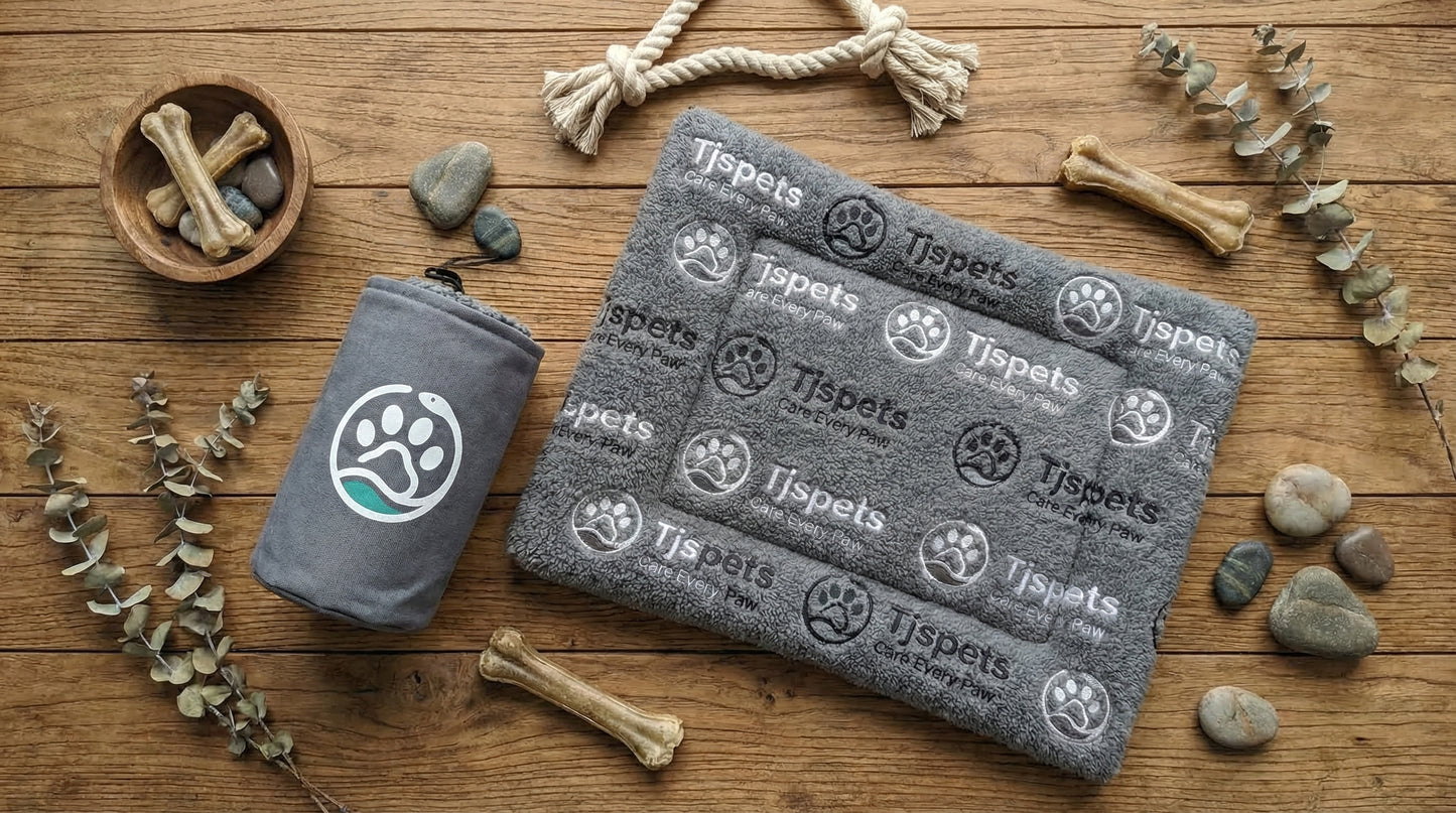 Gray pet product with Tjspets branding on a wooden surface with pet accessories.