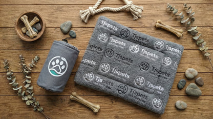 Gray pet product with Tjspets branding on a wooden surface with pet accessories.