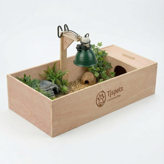 Wooden pet toy box with a small garden setup and Tispet logo on a white background