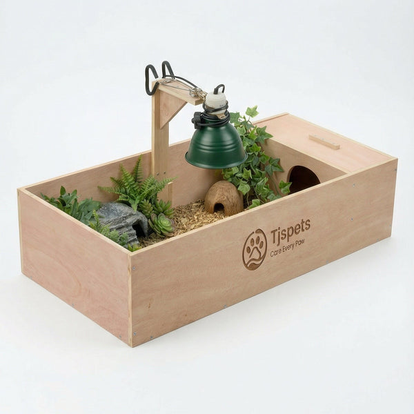 Wooden pet toy box with a small garden setup and Tispet logo on a white background
