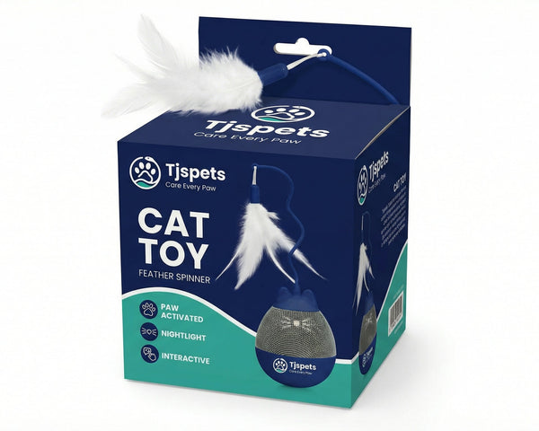 Tjipets cat toy packaging with a feather on a white background