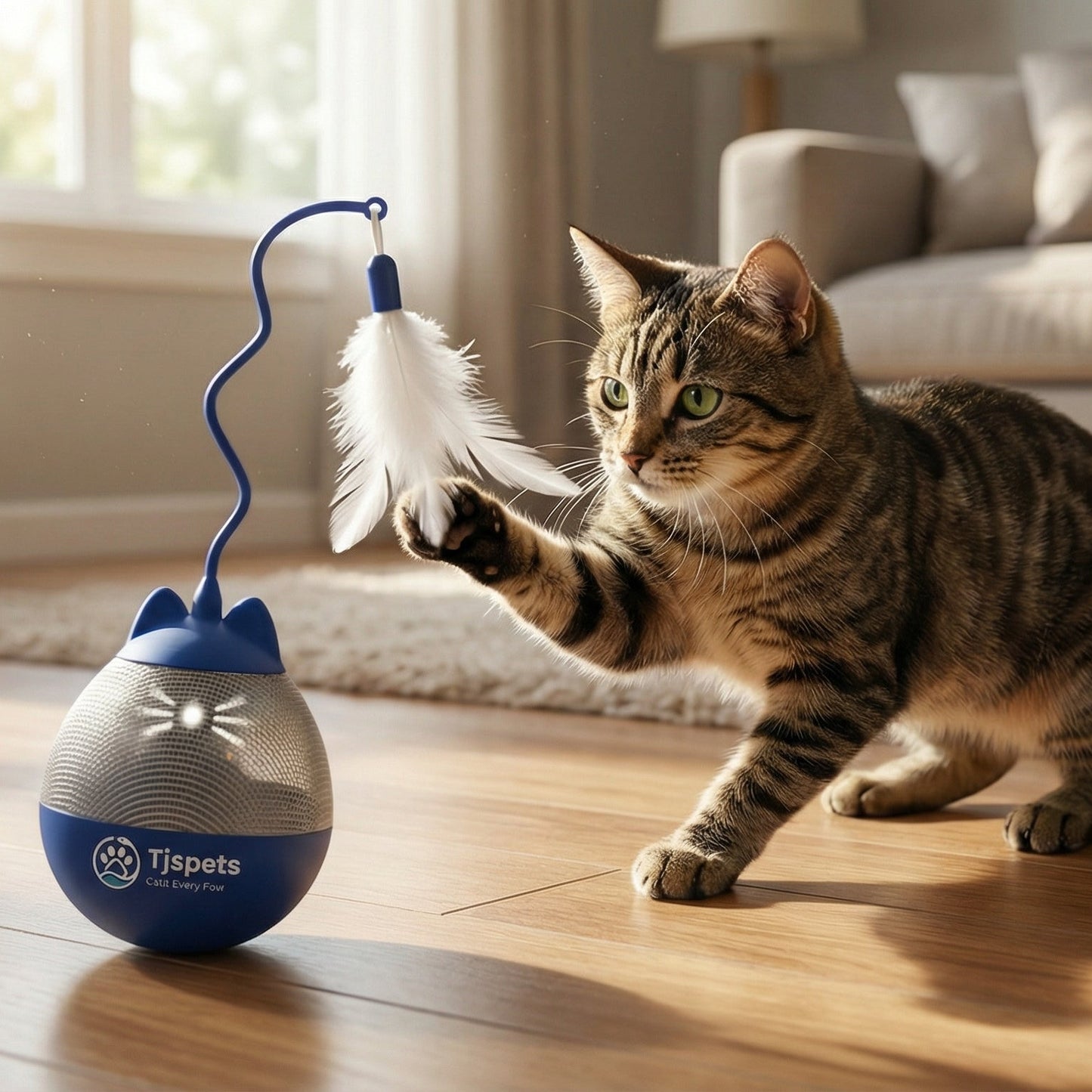 Cat playing with a feather toy on a wooden floor in a living room.