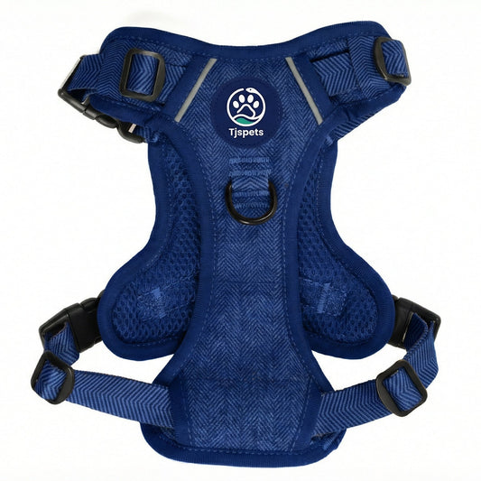Blue dog harness with brand logo on a white background