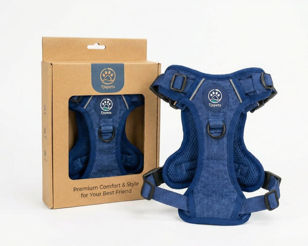 Blue dog harness with packaging on a white background