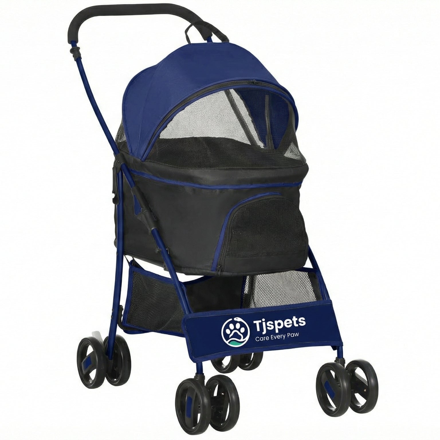 Blue pet stroller with black accents on a white background