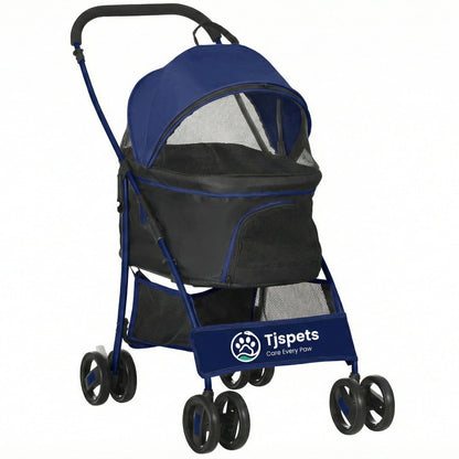 Blue pet stroller with black accents on a white background