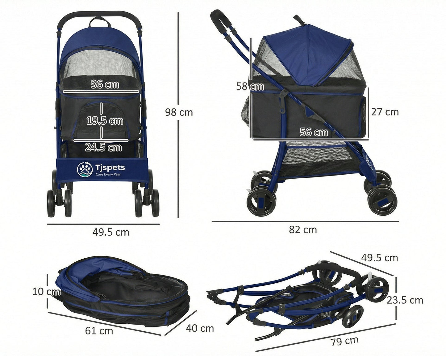 Pet stroller with dimensions labeled on a white background
