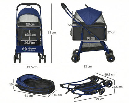 Pet stroller with dimensions labeled on a white background