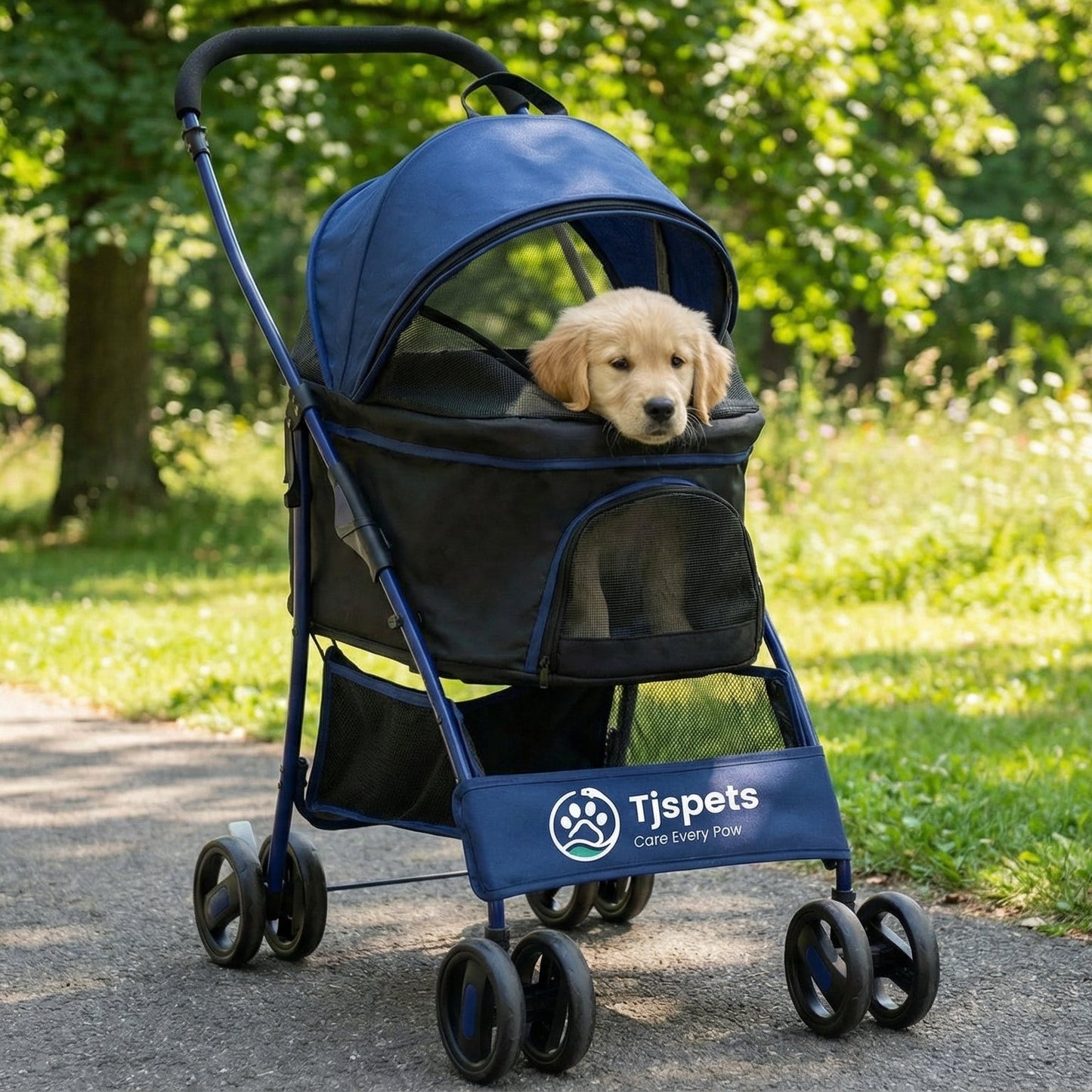 Puppy in a blue pet stroller with Tijpets branding on a path in a park.