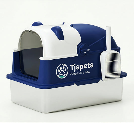 Blue and white pet carrier with Tjspets logo on a white background
