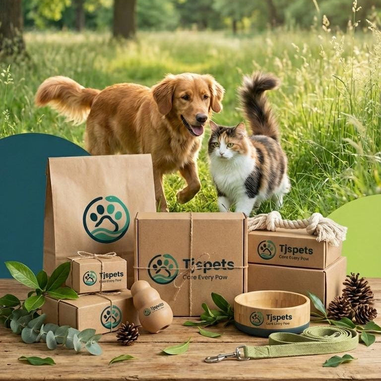 Two dogs and a cat with Tepeto pet products in a natural setting