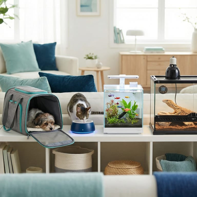 Living room with a dog in a carrier, a small aquarium, and decorative items.