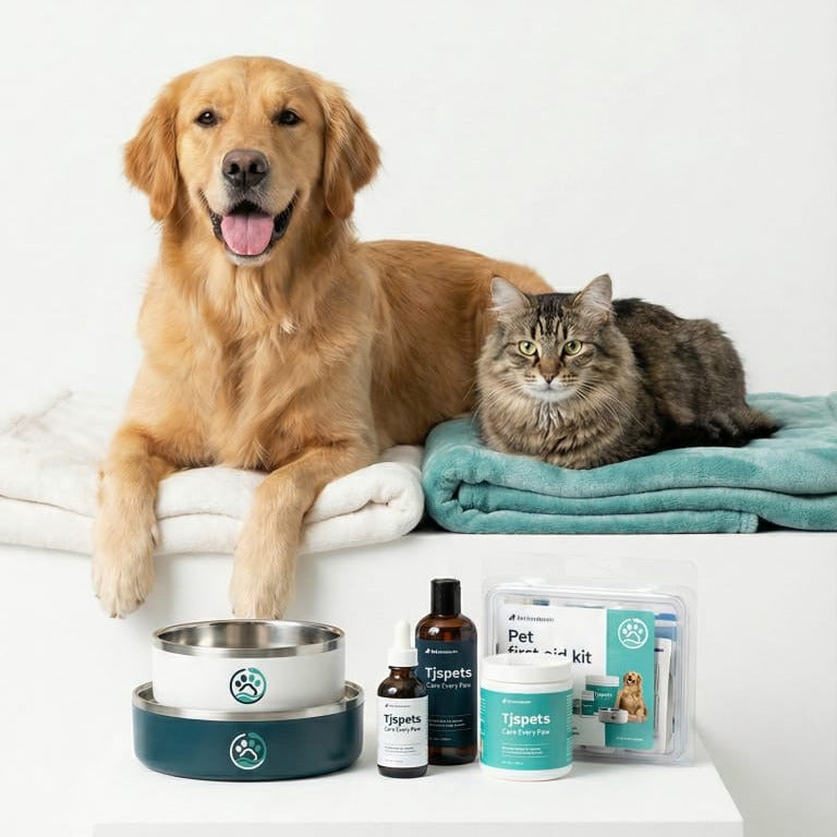 Dog and cat sitting on towels with pet care products on a white surface